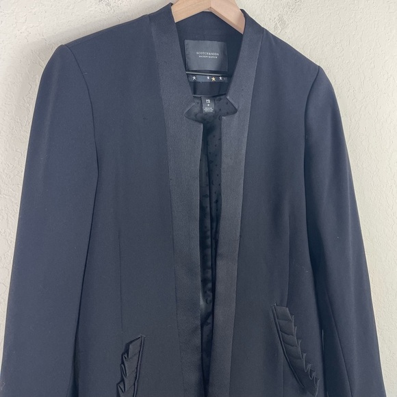 Scotch & Soda Satin Trimmed Blazer With Ruffle Pockets Black Size 2 - Picture 2 of 7